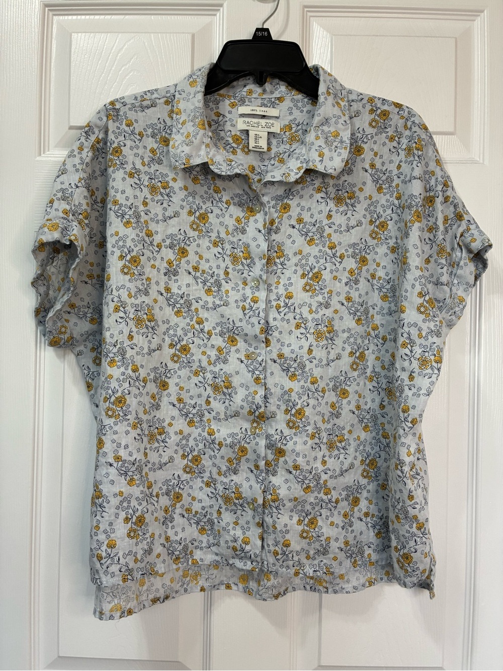 Rachel Zoe Linen Camp Shirt Womens Large Blue Floral Short Cuff Sleeve Boxy Cool